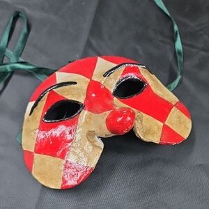 Red and Tan Harlequin Paper Mache Mask